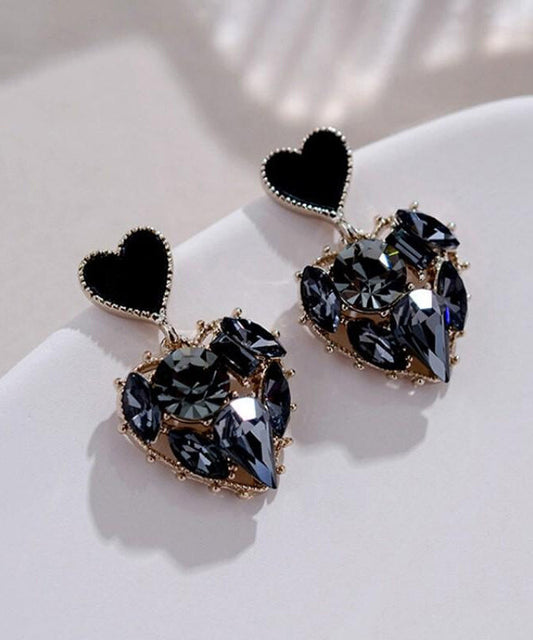 Boucles d'oreilles pendantes élégantes en alliage noir avec zircon Love - Wavlynn