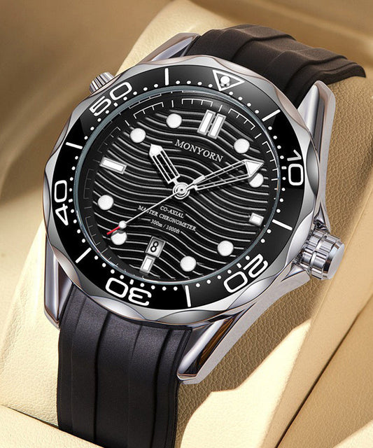 Montres élégantes pour hommes en silicone avec mouvement à quartz en métal noir - Wavlynn