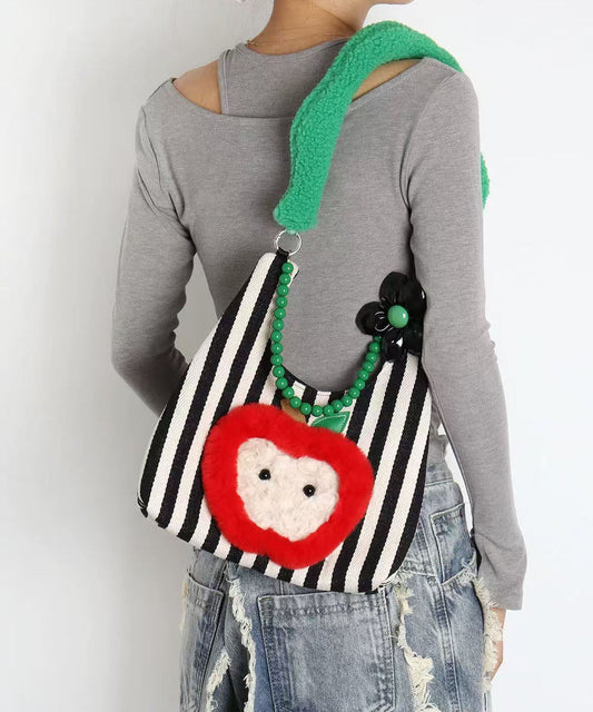 Sacs à bandoulière élégants en toile patchwork à rayures noires et pommes - Wavlynn