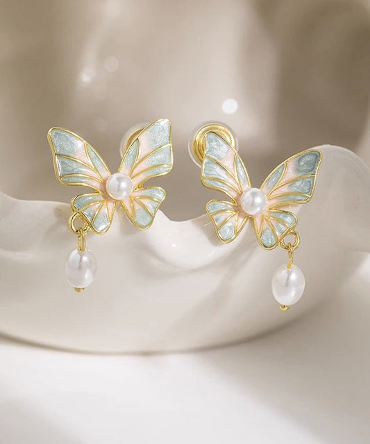 Boucles d'oreilles pendantes élégantes en cuivre bleu surdoré avec perles et pampilles en forme de papillon - Wavlynn