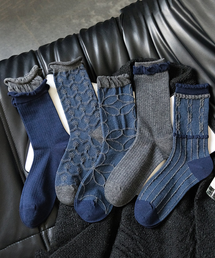 Chaussettes mi-mollet élégantes en coton jacquard bleu - Wavlynn