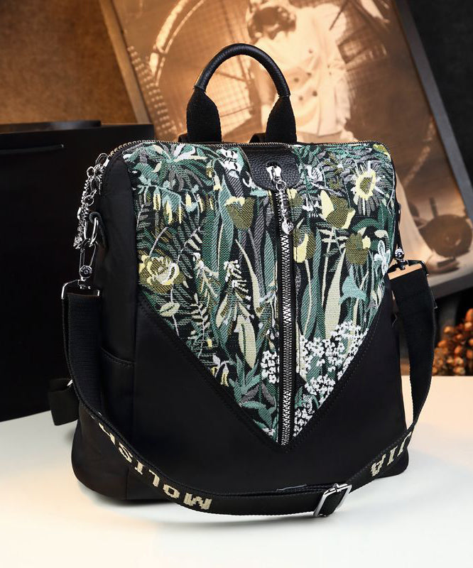 Sac à dos élégant en cuir de veau noir imprimé patchwork - Wavlynn