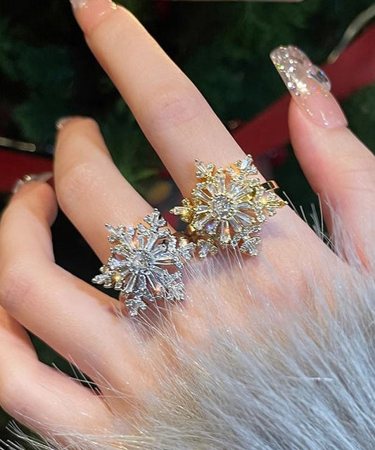 Ensemble de deux bagues élégantes en cuivre et zircon avec flocon de neige - Wavlynn