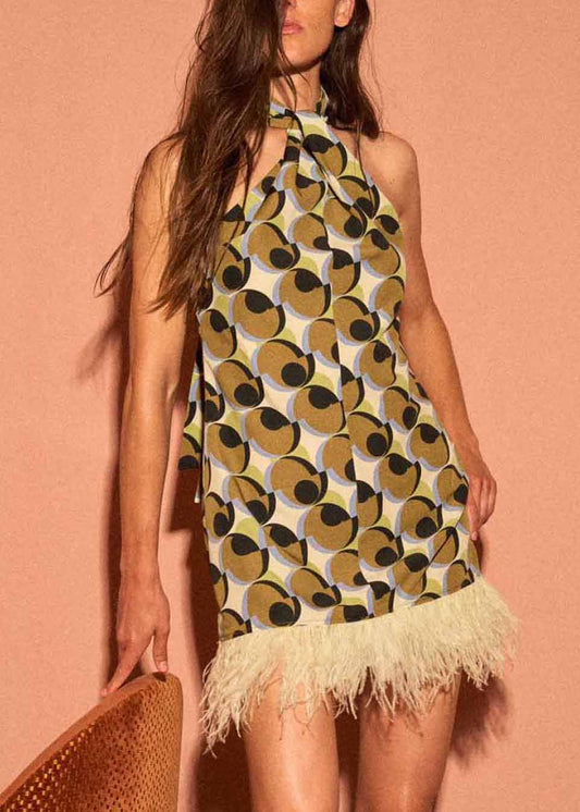 Robe mi-longue en coton à imprimé géométrique et pompons, élégante et patchwork, sans manches - Wavlynn