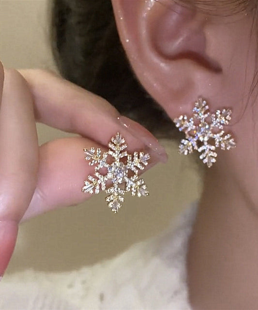 Boucles d'oreilles à tige élégantes en alliage d'or et zircon en forme de flocon de neige - Wavlynn