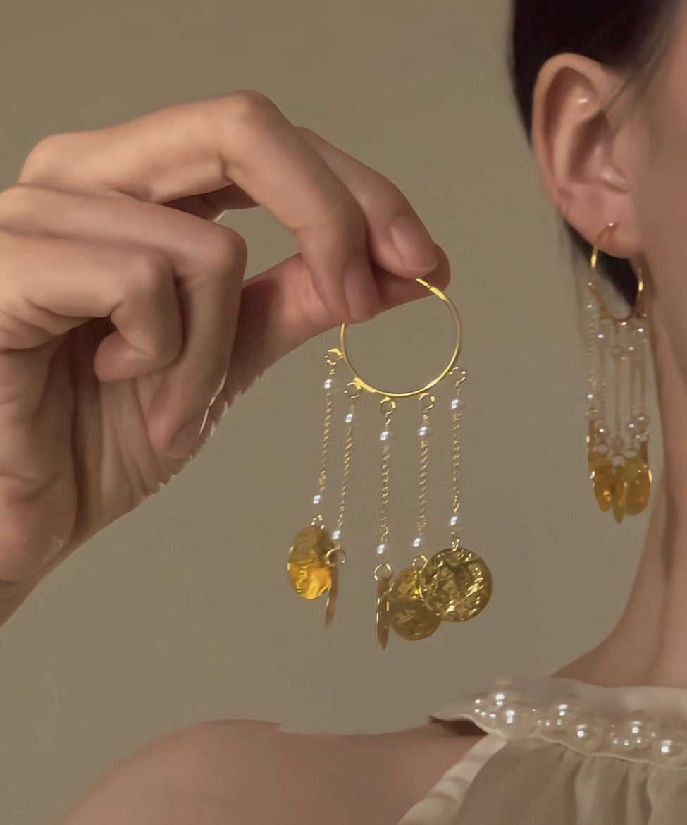 Boucles d'oreilles créoles élégantes en alliage de cuivre doré avec pampilles et perles - Wavlynn