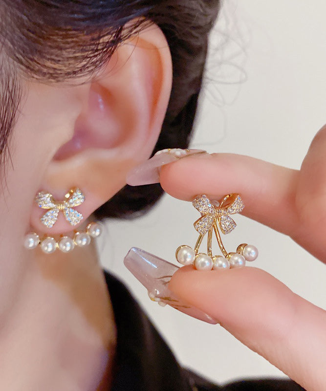 Boucles d'oreilles à tige élégantes en or, cuivre et zircons avec perles - Wavlynn