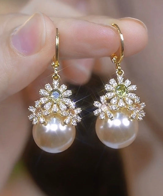 Boucles d'oreilles pendantes élégantes en or, cuivre, zircon et perles - Wavlynn