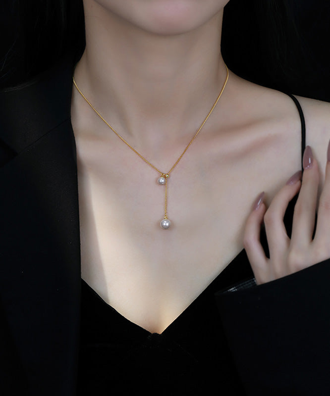 Collier élégant avec pendentif rétractable en argent sterling et perles dorées - Wavlynn