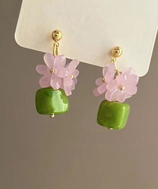 Boucles d'oreilles pendantes élégantes en alliage de résine verte à motif floral - Wavlynn