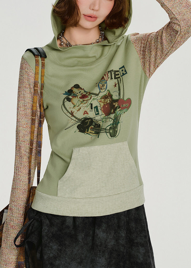 Sweat-shirt à capuche vert élégant en coton patchwork, idéal pour le printemps - Wavlynn