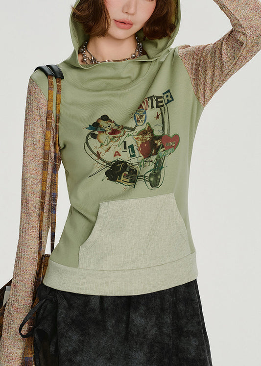 Sweat-shirt à capuche vert élégant en coton patchwork, idéal pour le printemps - Wavlynn