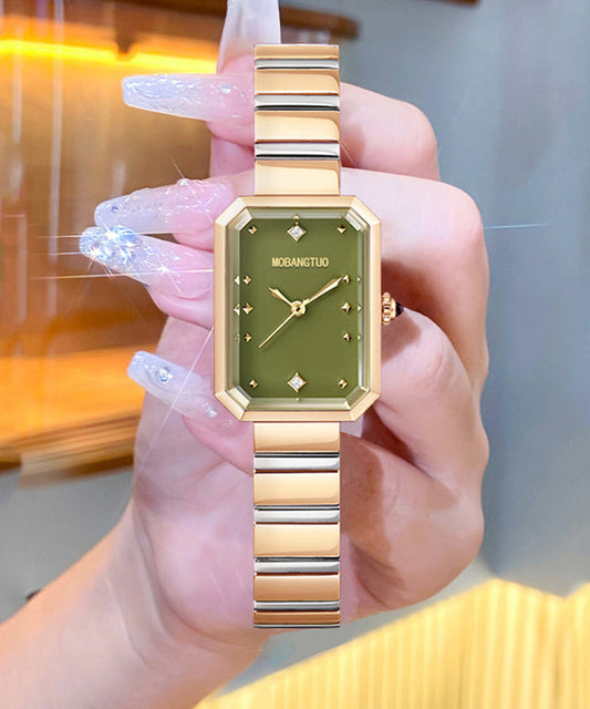 Montres carrées élégantes en acier inoxydable vert avec cristal saphir - Wavlynn