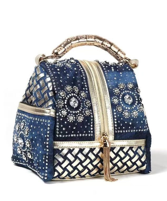 Sac fourre-tout élégant en denim bleu marine avec strass, grande capacité - Wavlynn