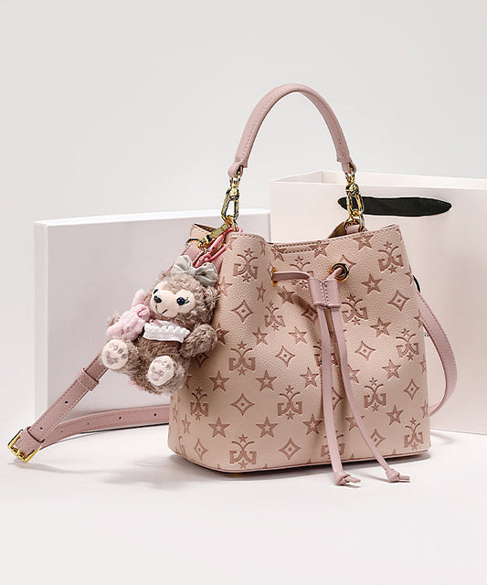 Sac seau élégant en cuir de veau rose gaufré - Wavlynn