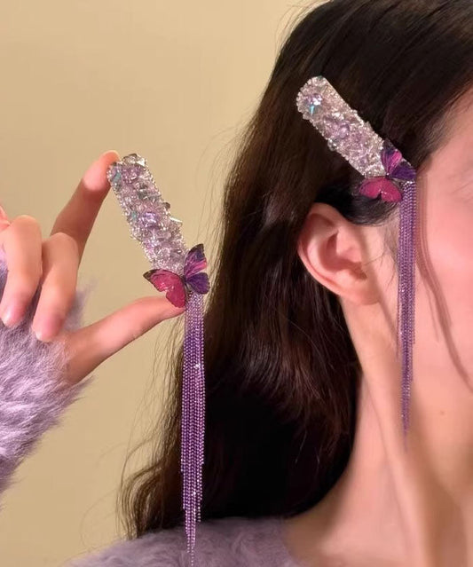 Épingle à cheveux élégante en alliage violet et zircon, ornée d'un papillon et d'un pompon. - Wavlynn