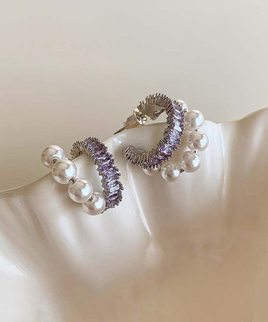 Boucles d'oreilles créoles élégantes en cuivre violet avec perles de zircon surdorées - Wavlynn