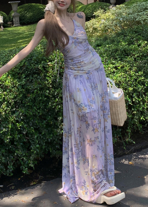 Robe longue élégante en tulle à lacets et imprimé violet sans manches - Wavlynn