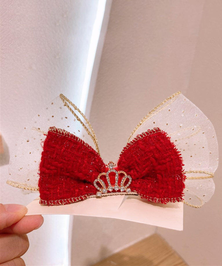 Élégante épingle à cheveux pour enfants en alliage rouge avec nœud en tulle et zircon - Wavlynn