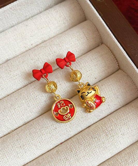 Boucles d'oreilles pendantes élégantes en alliage de cuivre rouge avec nœud en émail et chat porte-bonheur - Wavlynn