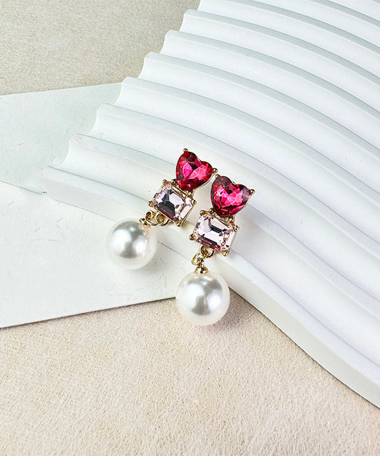 Boucles d'oreilles pendantes élégantes en argent sterling rouge avec perles de cristal et zircon - Wavlynn