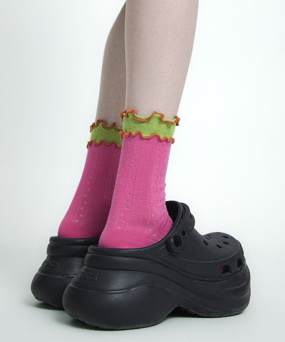 Chaussettes mi-mollet élégantes en coton ajouré à volants et patchwork - Wavlynn