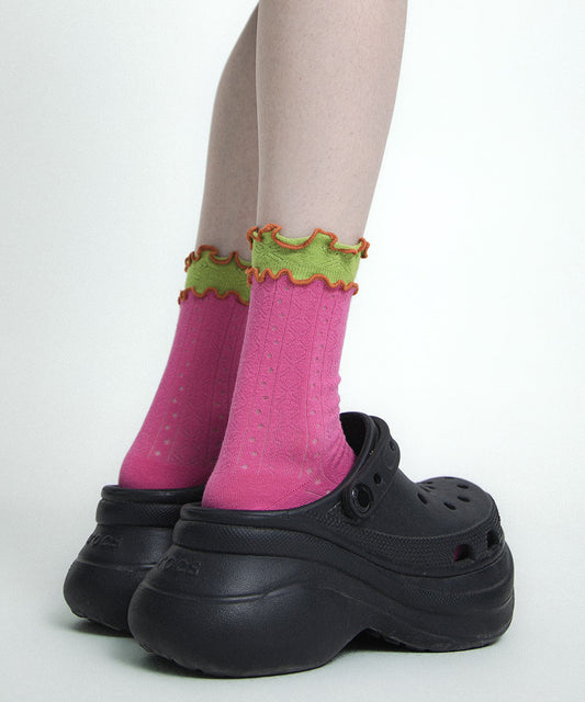 Chaussettes mi-mollet élégantes en coton ajouré à volants et patchwork - Wavlynn