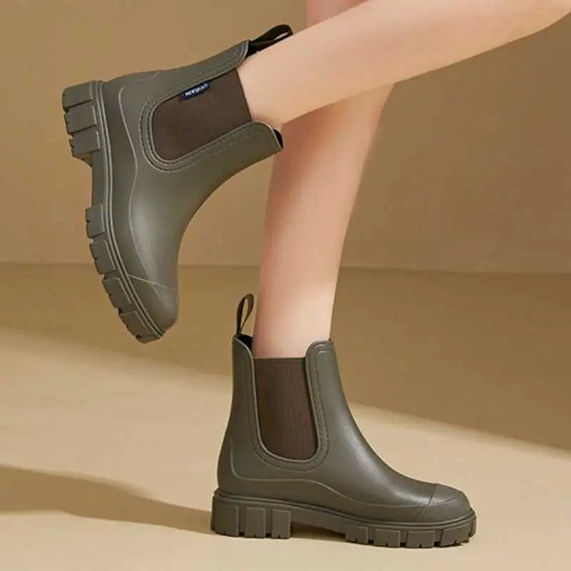 Women's black ankle rain boots waterproof PVC lightweight stylish design for rainy days