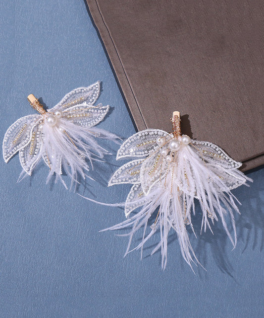 Ensemble élégant de deux épingles à cheveux pour filles, en tulle, avec plumes et perles blanches surdorées - Wavlynn