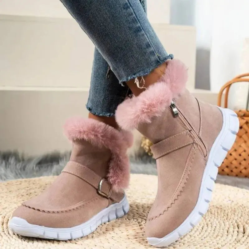 Women's flat sole mid-height winter boots in grey, black, pink, and dark brown elegant modern silhouette