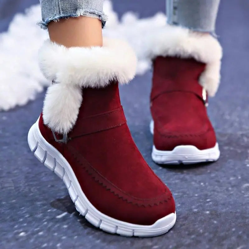 Women's flat sole mid-height winter boots in grey, black, pink, and dark brown elegant silhouette