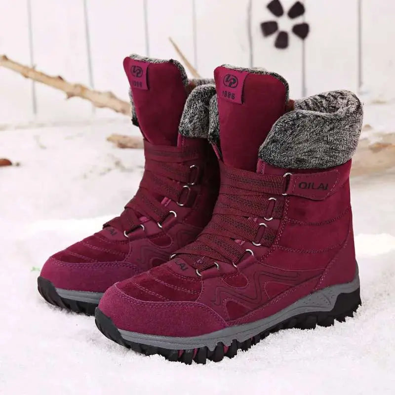 Women's brown suede winter boots with cowhide upper, 7cm shaft, non-slip rubber sole