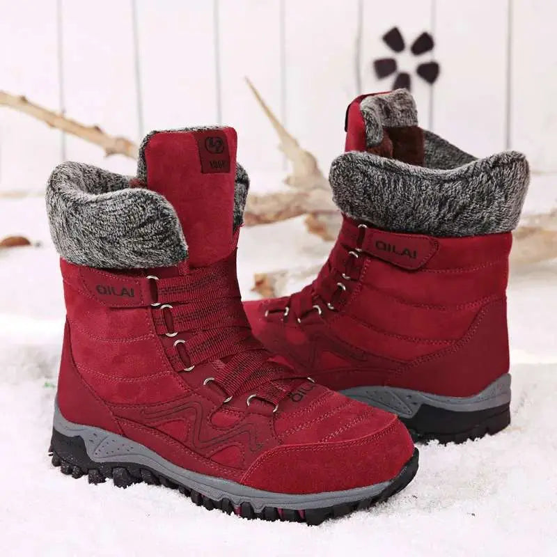 Women's brown suede winter boots with cowhide upper, 7cm shaft, non-slip rubber sole
