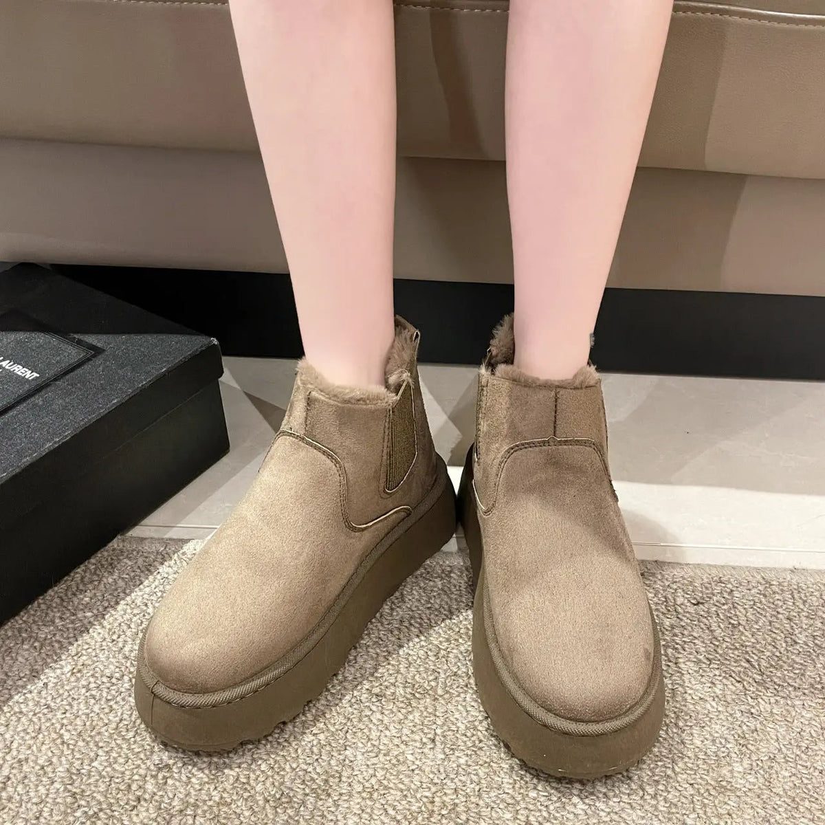 Women's winter snow boots in white black khaki warm plush lining elegant cold-weather style