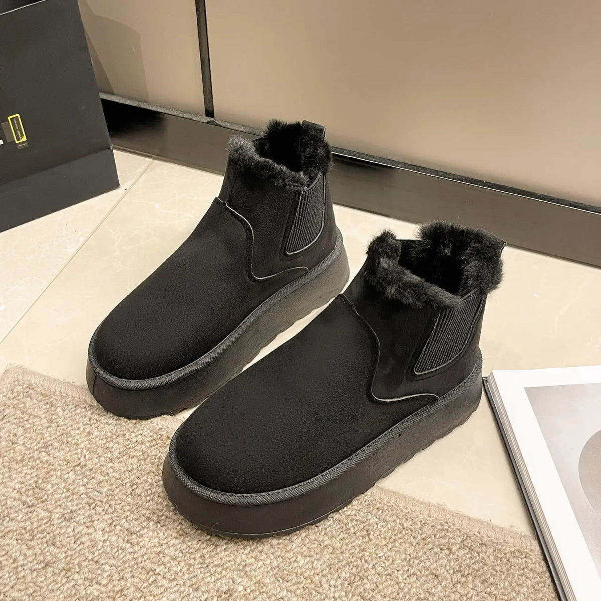 Women's winter snow boots in white, black & khaki with plush lining, warm & stylish cold-weather footwear