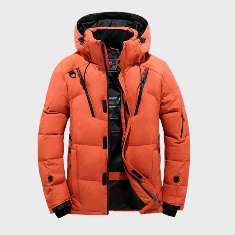 Men's insulated hooded rain jacket lightweight waterproof slim-fit winter coat with modern silhouette