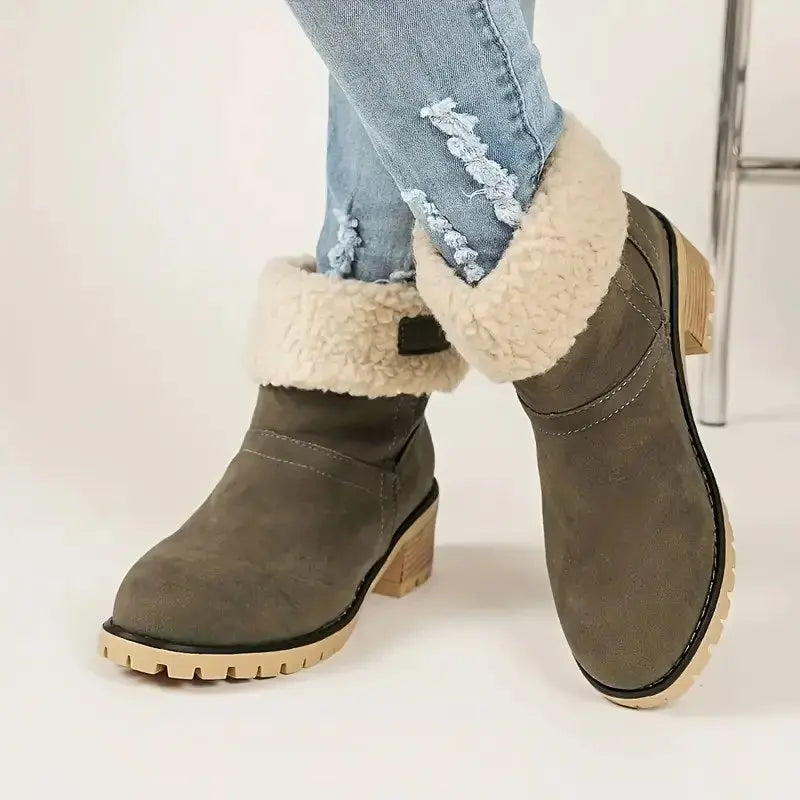 Women's suede ankle boots in neutral tone, elegant winter style with plush warm lining