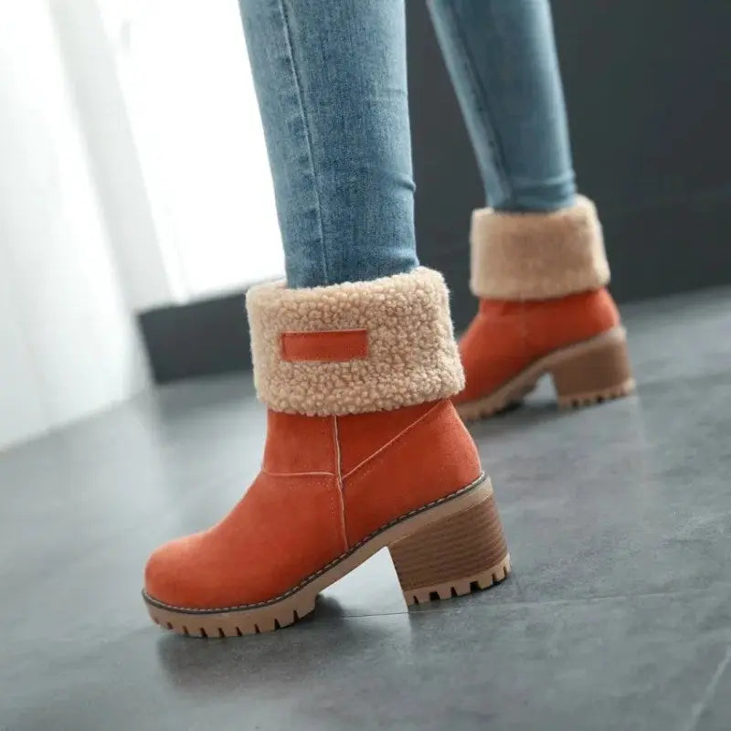Women's suede ankle boots in neutral tone, elegant winter style with warm plush lining