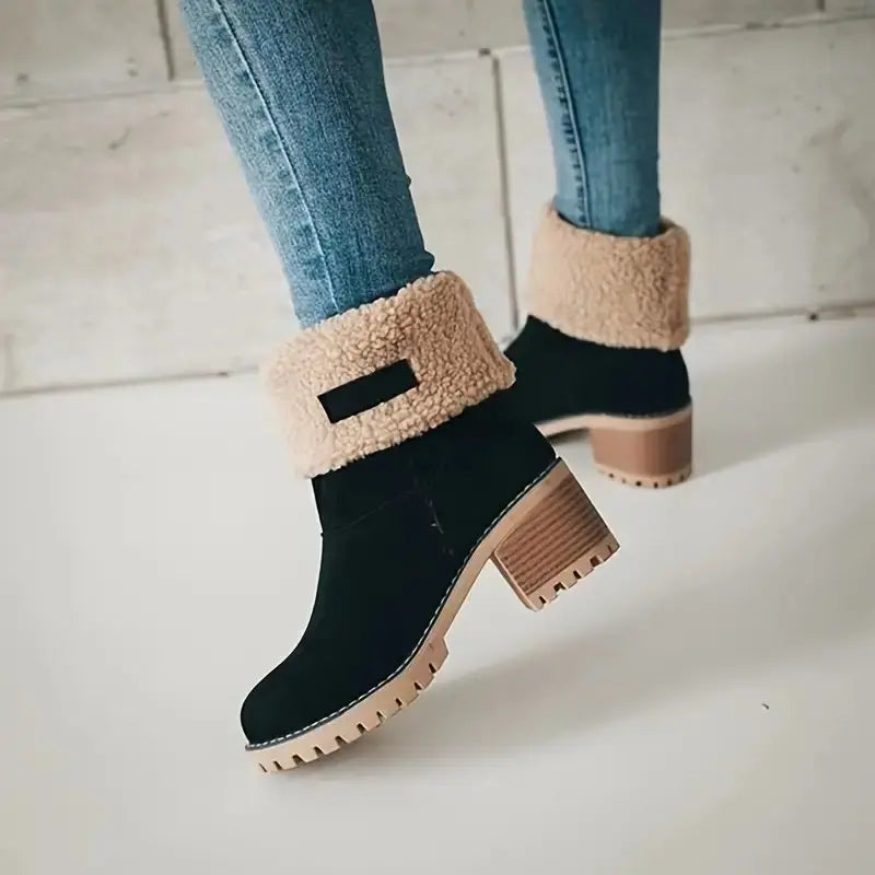 Women's suede ankle boots in warm tones, elegant winter style with plush cotton-lined interior