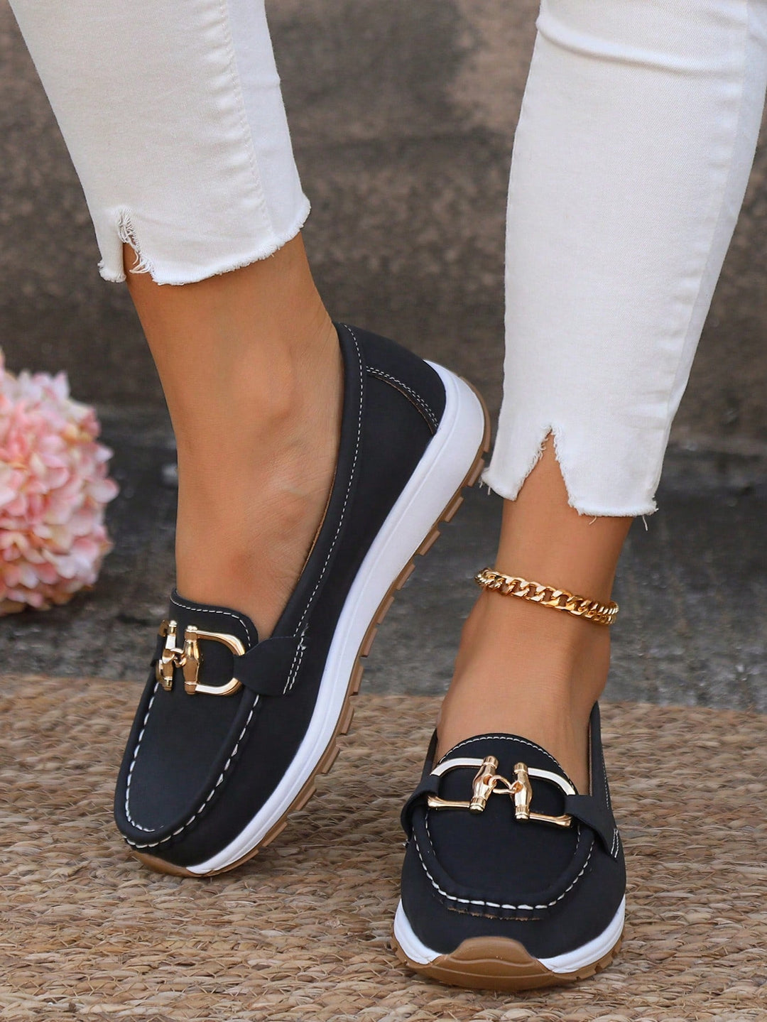 Women's suede-like loafers with elegant gold buckle detail, timeless silhouette for all-day comfort