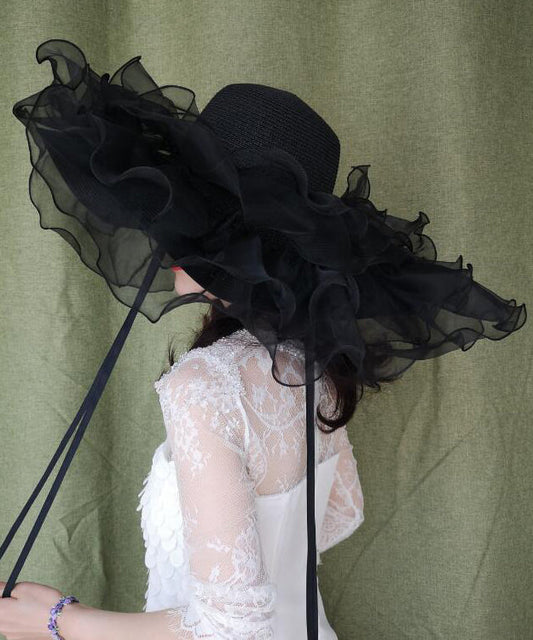 Chapeau d'été en paille tressée à larges bords noirs et volants en organza - Wavlynn