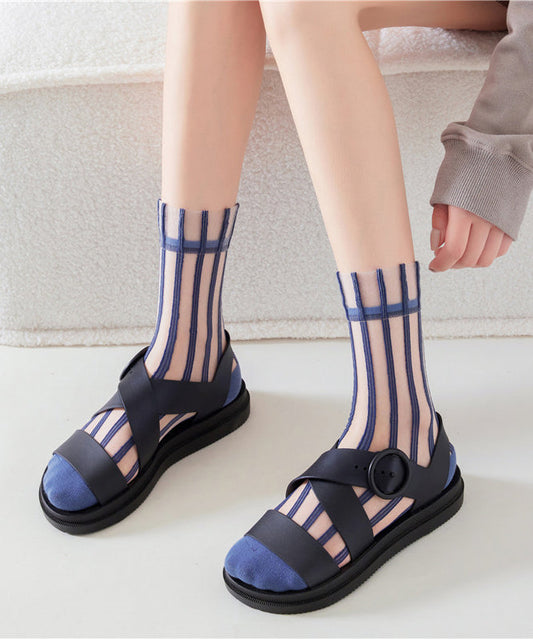 Chaussettes mi-mollet d'été à fines rayures en maille transparente - Wavlynn
