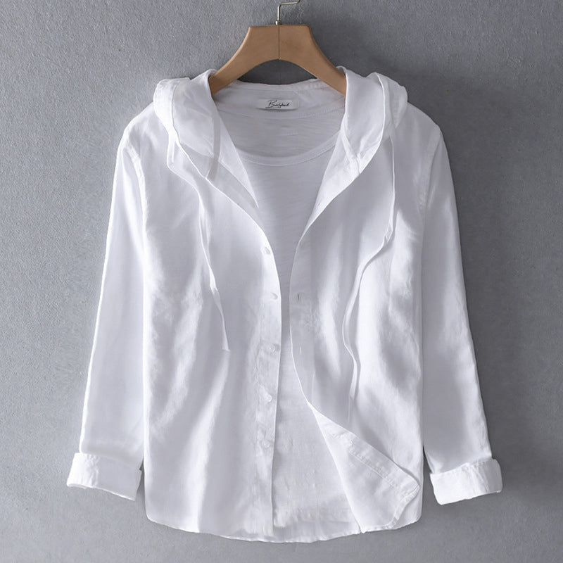 Men's striped cotton linen hooded shirt relaxed fit long sleeve button closure lightweight casual