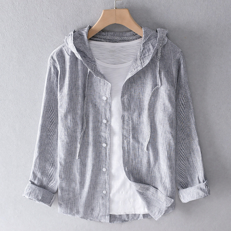 Men's striped cotton linen hooded shirt relaxed fit long sleeve button closure lightweight casual