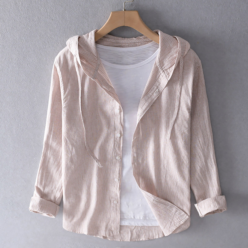Men's striped cotton linen hooded shirt relaxed fit long sleeve button closure lightweight casual