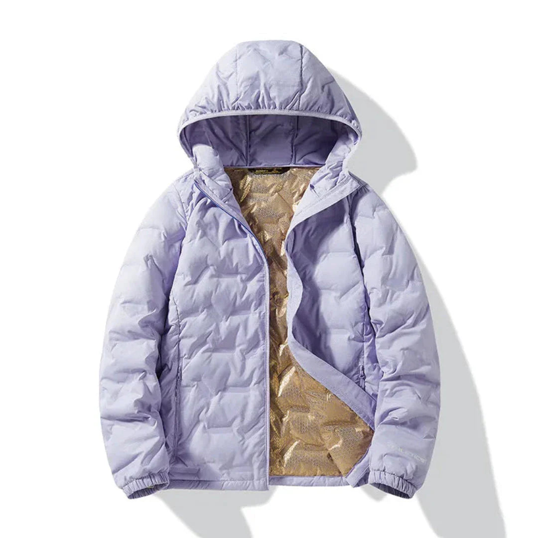 Suzanne women's black duck down puffer jacket with heat-reflective metallic lining, water-resistant