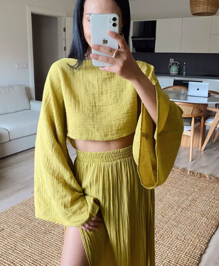 Ivory gauze two-piece set cropped wide-sleeve top and high-slit maxi skirt flowy boho coord