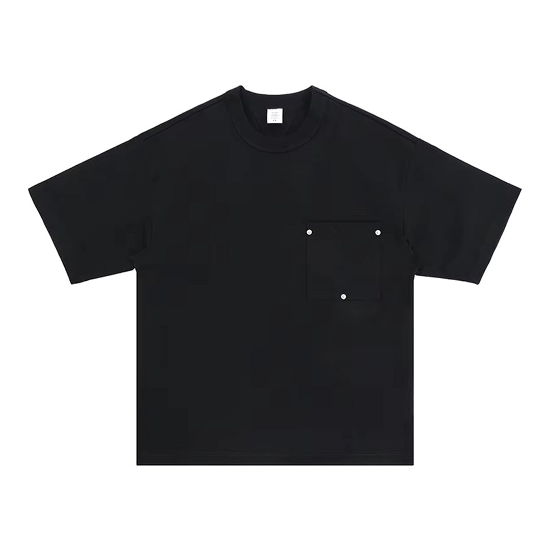 White cotton crew-neck T-shirt with short sleeves and rivet-detailed breast pocket