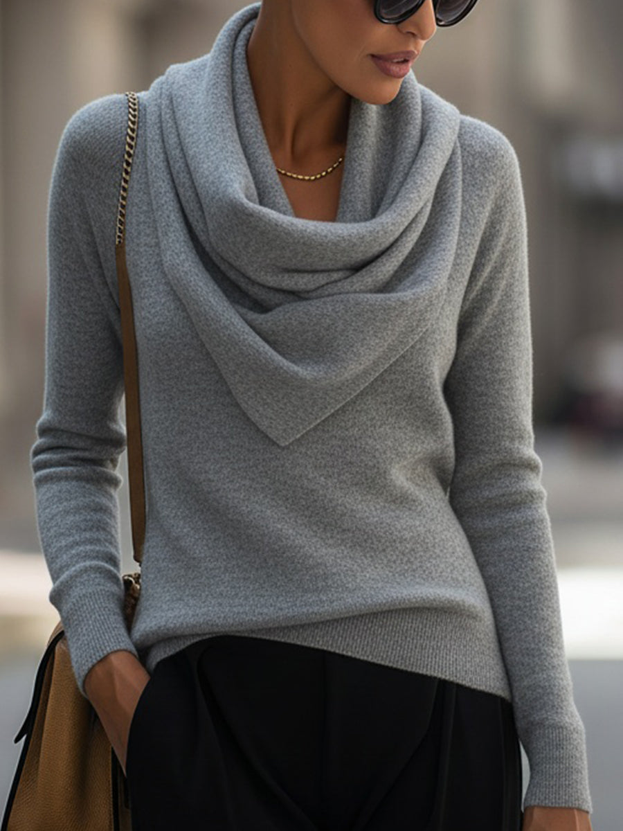 Ivory draped cowl neck long-sleeve top with elegant silhouette and smoothly flattering fit