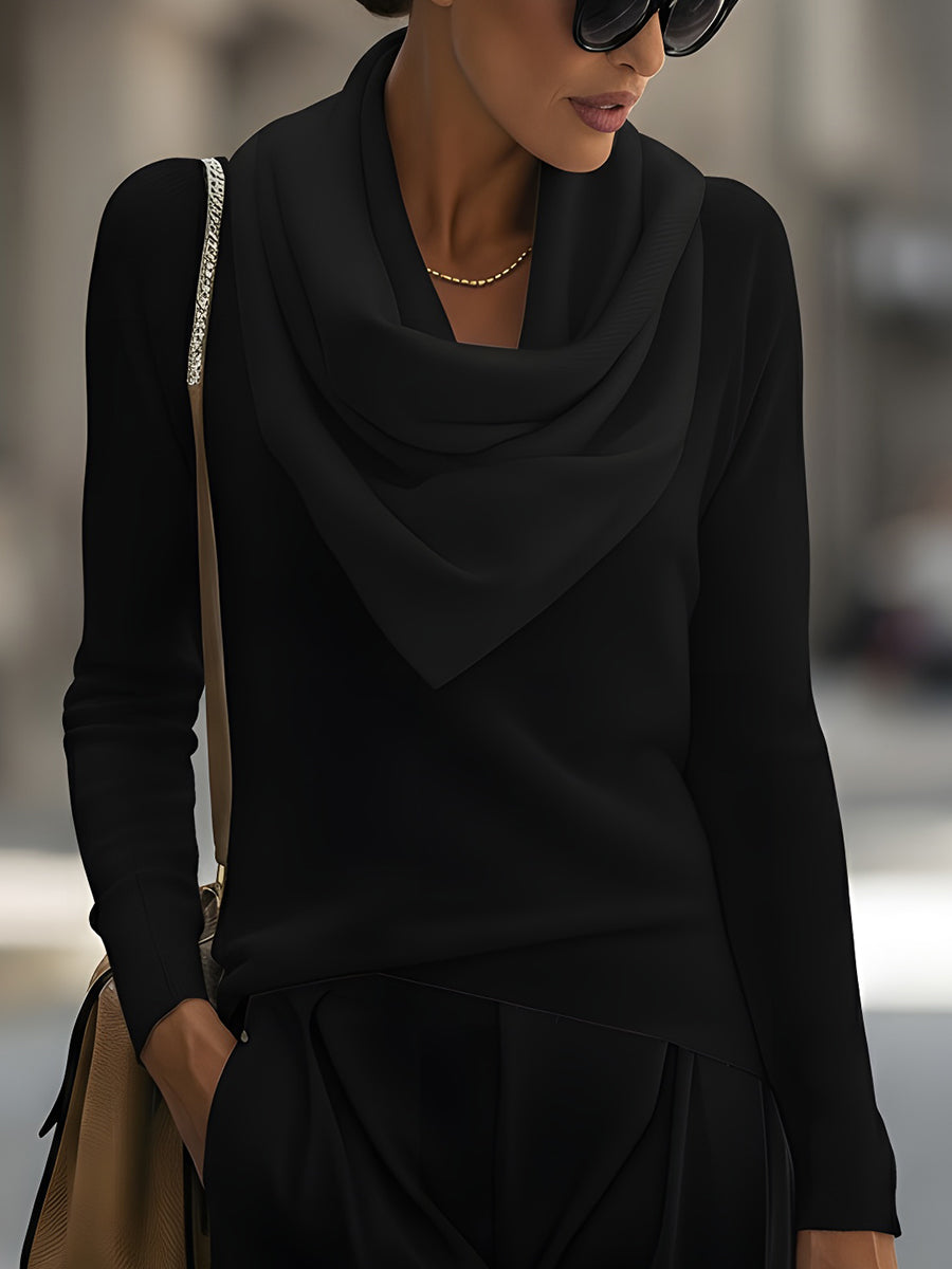 Ivory draped cowl neck long-sleeve top with graceful folded neckline for a flattering silhouette